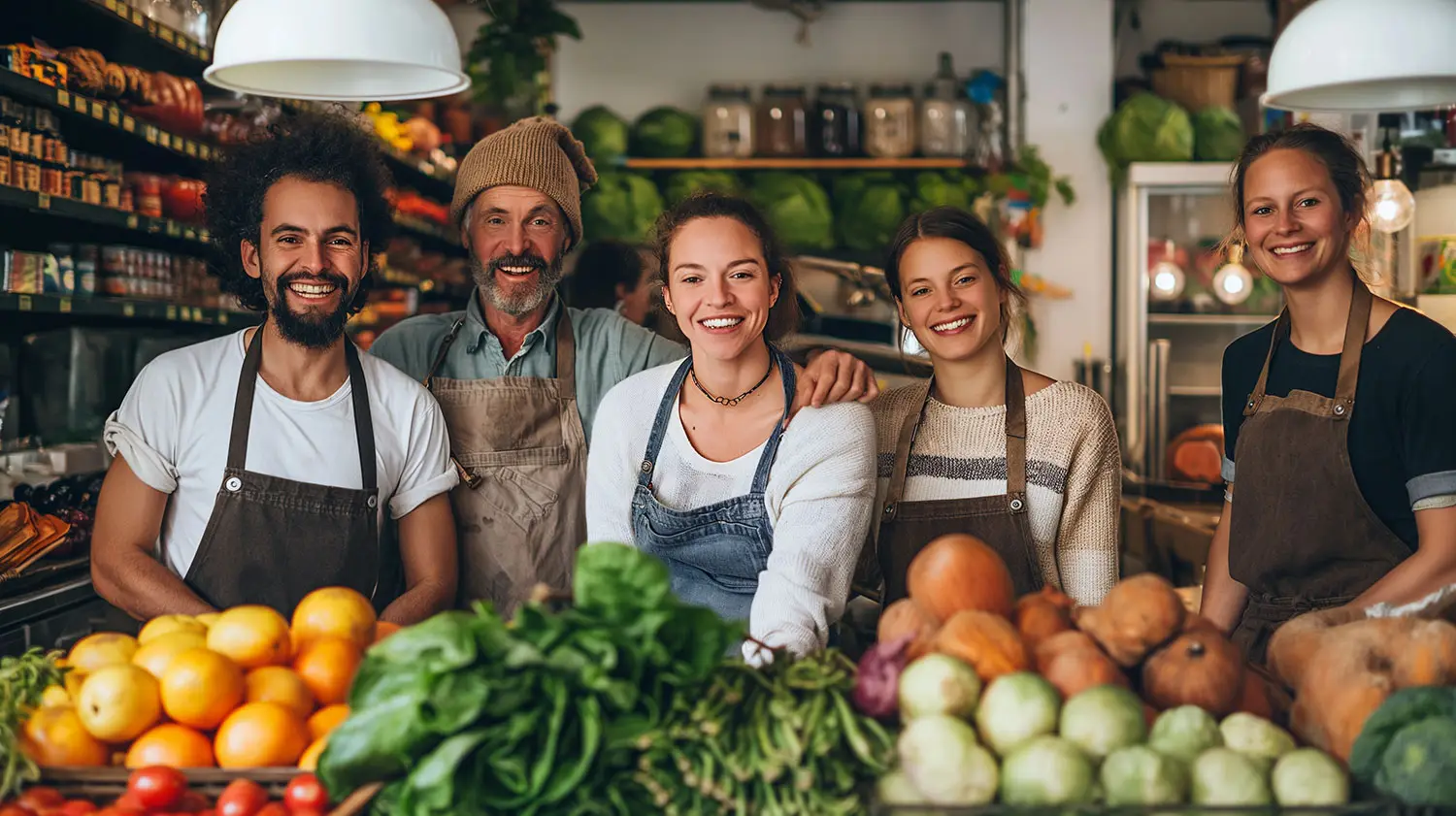 AI-bild. En grupp grönsakshandlare i sin butik.