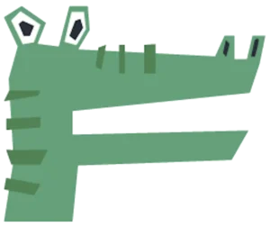 Alligator i lekfull ritningstil, grönt och minimalistiskt design, symbol för lek och kreativitet.