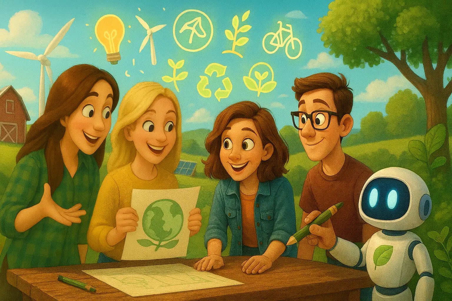Grupp som bollar idéer om hållbarhet medan en AI-hjälpreda observerar